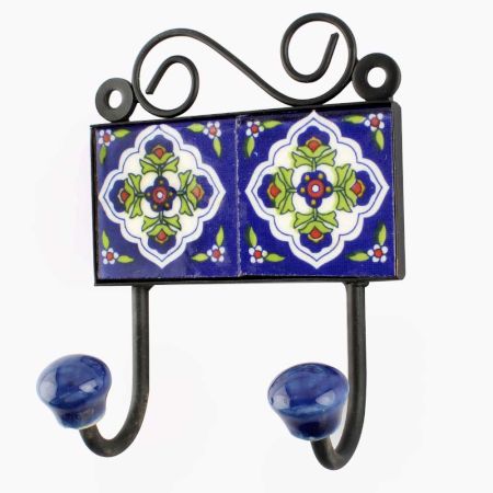 Navy Blue With White Ceramic Floral Tiles Hook 